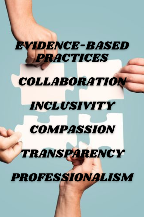 A visual representing evidence-based practices, collaboration, inclusivity, compassion, transparency, and professionalism